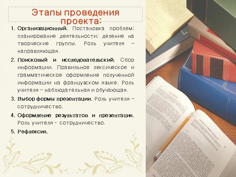 Этапы проведения проекта: Организационный. Постановка проблем; планирование деятельности; деление на творческие группы. Роль учителя